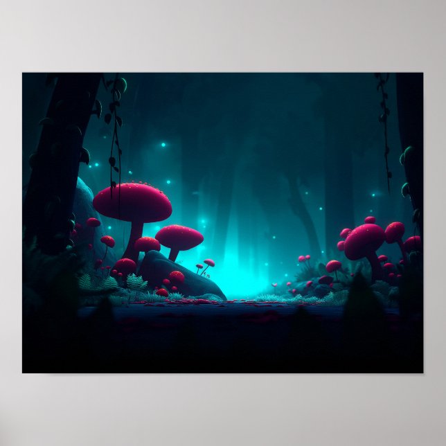 Affiche Forêt nocturne de champignons magiques lumineux (Devant)