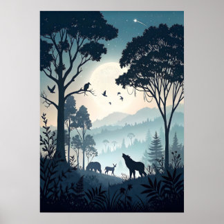 Affiche Forêt nocturne mystique avec faune silhouettée