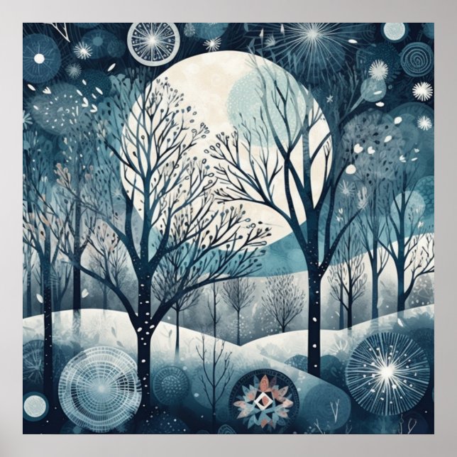 Affiche Forêt nordique au clair de lune, nuit d'hiver (Devant)