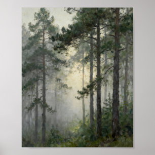 Affiche forêt, pins, brume, brouillard, paysage, peinture