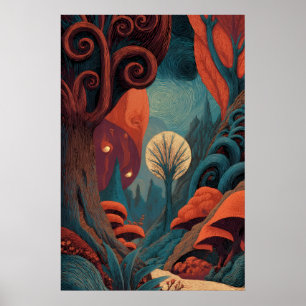 Affiche Forêt Rouge Turquoise Fantastique au Tourbillon Fa