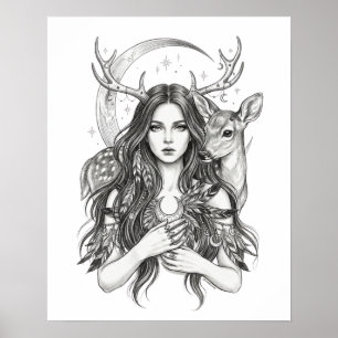 Affiche Forêt Slave Mystique Déesse Lune & Cerf Vinyle S