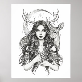 Affiche Forêt Slave Mystique Déesse Lune & Cerf Vinyle S