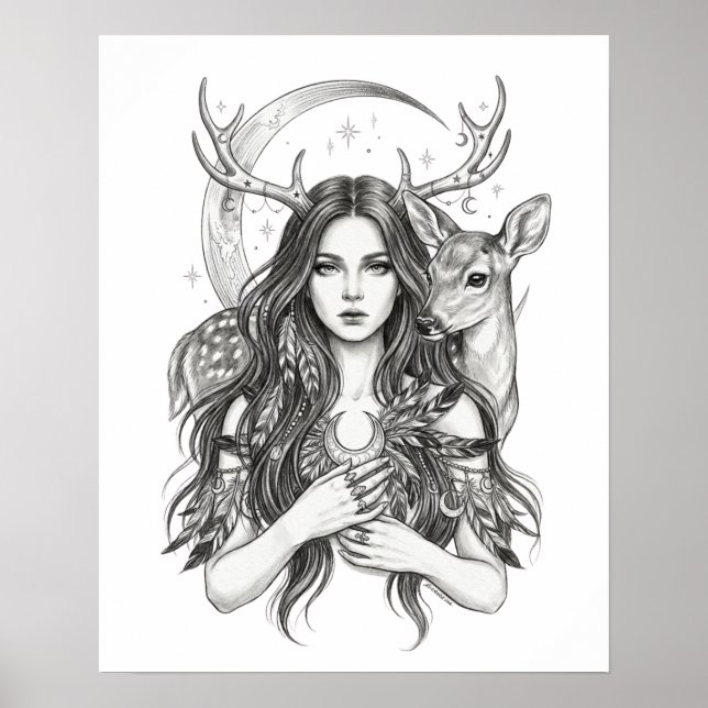 Affiche Forêt Slave Mystique Déesse Lune & Cerf Vinyle S (Devant)