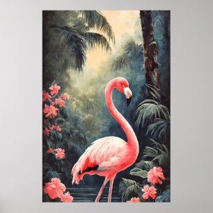 Affiche Forêt tropicale Flamant rose rose Vintage