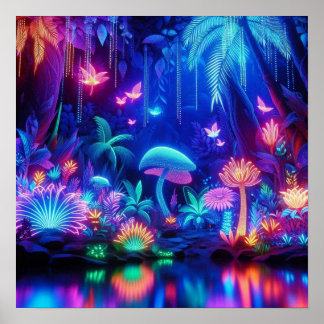 Affiche Forêt tropicale néonée enchantée bioluminescente