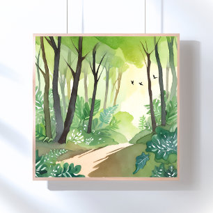 Affiche Forêt verte florissante   Aquarelle de nature