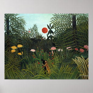 Affiche Forêt vierge d'Henri Rousseau avec coucher de sole