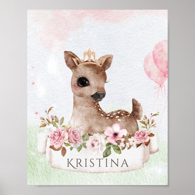 Affiche Forêt Woodland Baby Girl Deer Watercolor Nom (Devant)