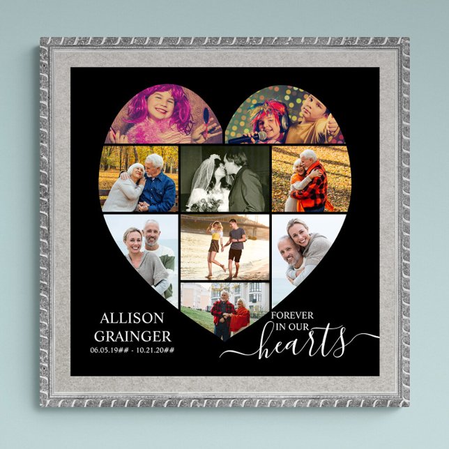 Affiche Forever in our Hearts Heart Shaped 9 Photo Collage (Funeral memorial poster to order professionally printed or as a printable digital download)
