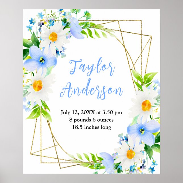 Affiche Forget-Me-Nots and Daisies Floral Baby Birth Stats (Devant)