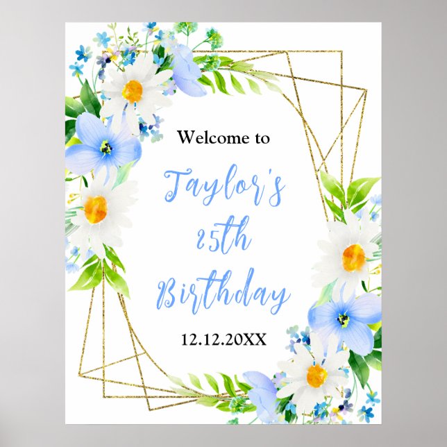 Affiche Forget-Me-Nots Daisies Birthday Party Welcome Sign (Devant)