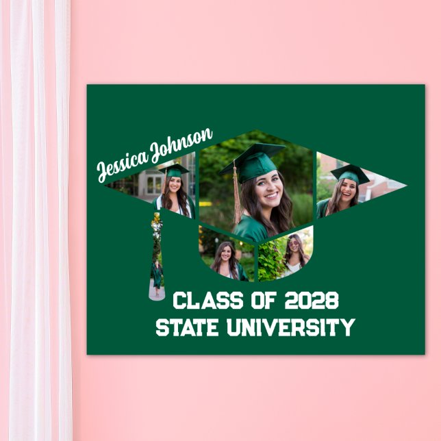Affiche Forme de la casquette de graduation verte moderne  (Green Graduation Cap Shape Photo Collage Poster Print)