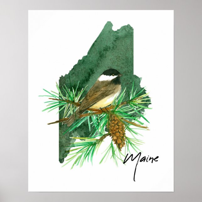 Affiche Forme de l'État du Maine avec une mésange à tête n (Devant)