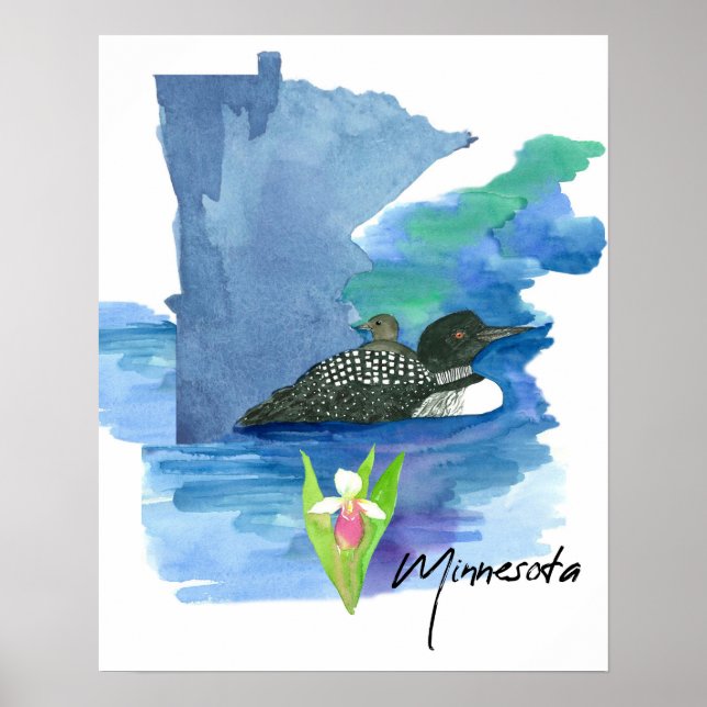 Affiche Forme de l'État du Minnesota Loon Femme Fleur de L (Devant)