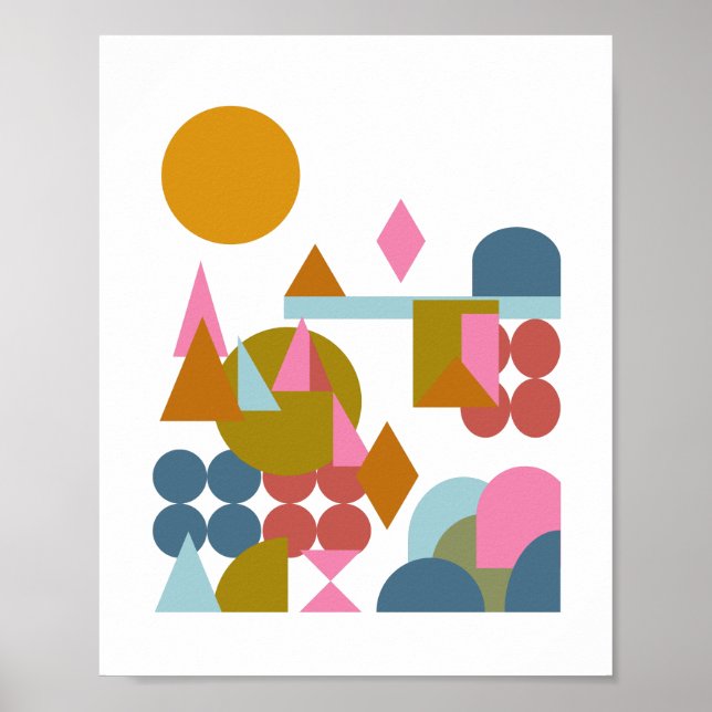 Affiche Formes Abstraites Paysage bleu rose géométrique (Devant)