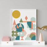 Affiche Formes Abstraites Paysage bleu vert géométrique<br><div class="desc">Un motif ludique de formes géométriques formant un paysage abstrait dans une palette de couleurs douces et feutrées,  turquoises,  moutarde,  corail,  broussailles et mousse.</div>