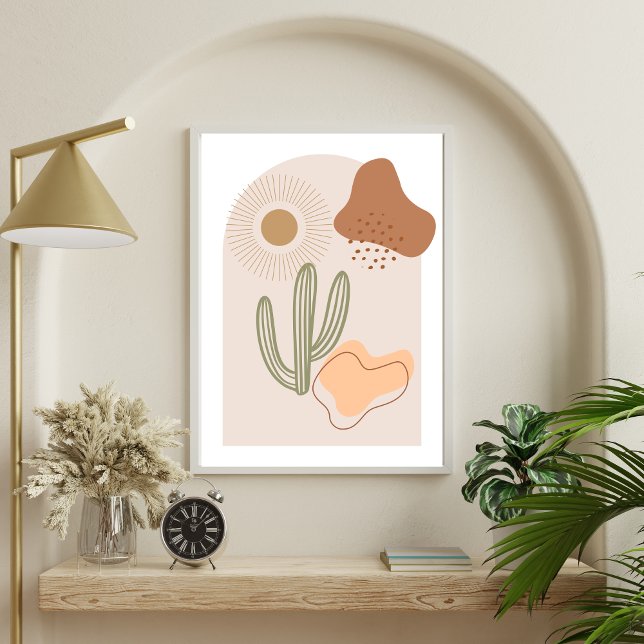 Affiche Formes Bohèmes Abstraites Cactus de Soleil en Terr (Boho Abstract Shapes Cactus Sun, Beige Brown Peach Terracotta Wall art poster print)