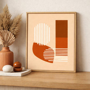 Affiche Formes brunes et lignes blanches sur un fond beige