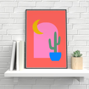 Affiche Formes colorées de lune Boho Cactus en rouge et ro