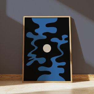 Affiche Formes Lune Abstraites Bleu Noir Mur Moderne