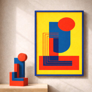 Affiche Formes rouges et bleues audacieuses sur fond jaune