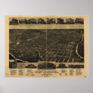 Affiche Fort Worth Texas 1886 Carte panoramique antique
