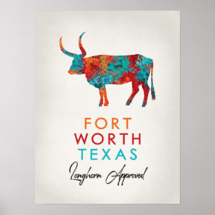 Affiche Fort Worth Texas Coloré Longhorn