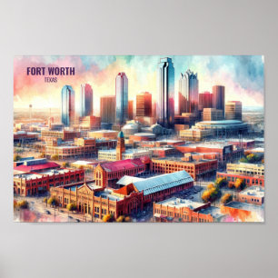 Affiche Fort Worth Texas Famous Travel Places aquarelle