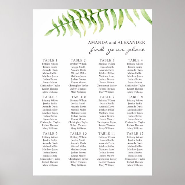 Affiche Fougère à l'aquarelle. Plan de table de mariage ve (Devant)