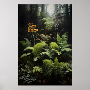 Affiche Fougère de forêt profonde et champignons, boisée l