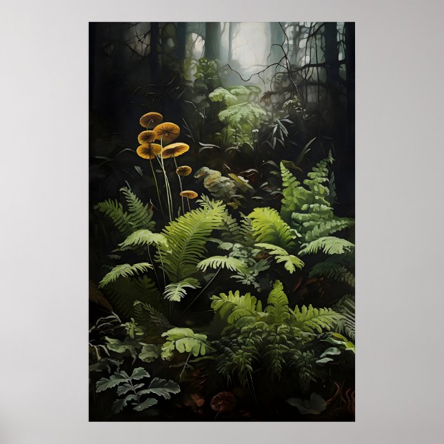Affiche Fougère de forêt profonde et champignons, boisée l (Devant)
