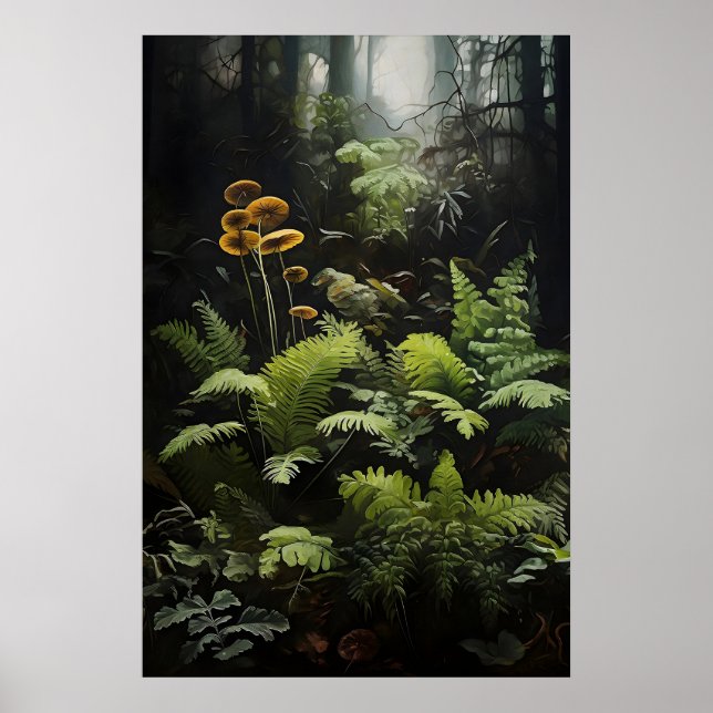 Affiche Fougère de forêt profonde et champignons, humeur d (Devant)