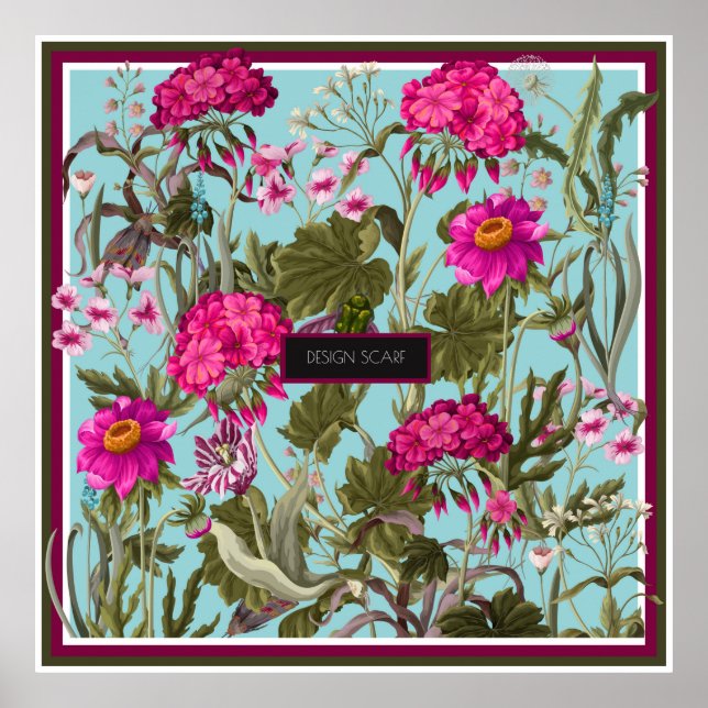 Affiche Foulard design avec géraniums et fleurs sauvages.  (Devant)