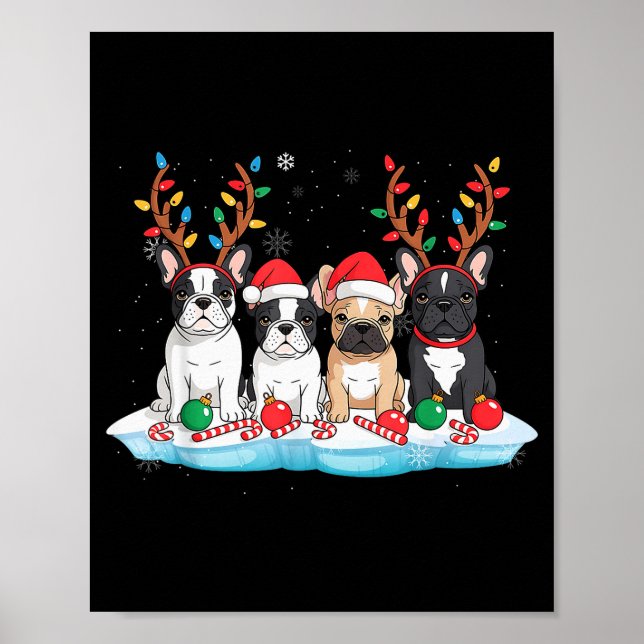Affiche Four French Bulldog Dogs Christmas Light Reindeer  (Devant)