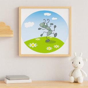 Affiche Fourmi dansante sur l'herbe avec des fleurs