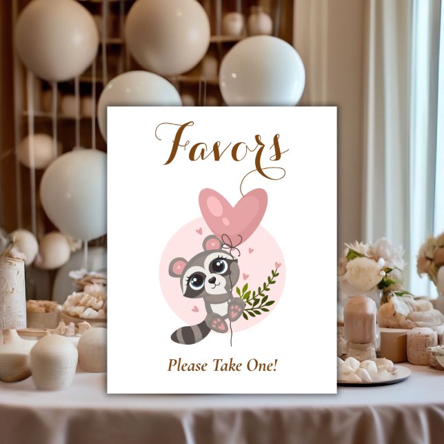Affiche Fournitures de fête de bébé ourson mignon minimali (Minimalist Cute Raccoon Baby Shower Favors Poster)