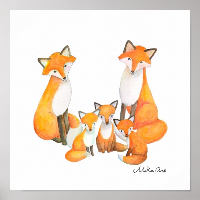 Affiche Fox Family Nursery Décor Cute Foxe maman papa enfa (Devant)