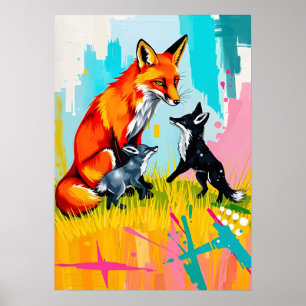 Affiche Fox Family Playtime - Neon Wildlife Pop Art