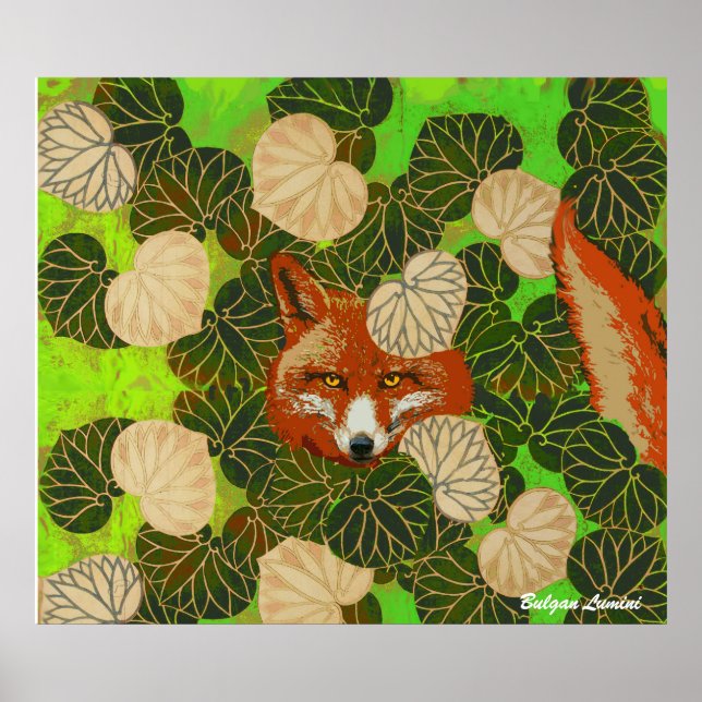 AFFICHE FOX ROUGE PARMI LES FEUILLES VERTS ET LE FOLIAGE (Devant)