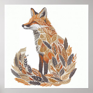 Affiche Fox Silhouette avec Motifs feuille détaillés
