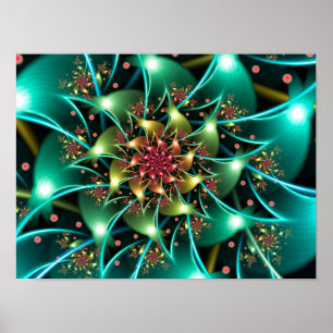 Affiche Fractale à fleurs turquoise