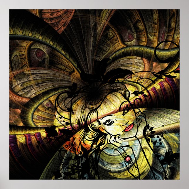 Affiche Fractale Colorée Avec Fille Florale (Devant)