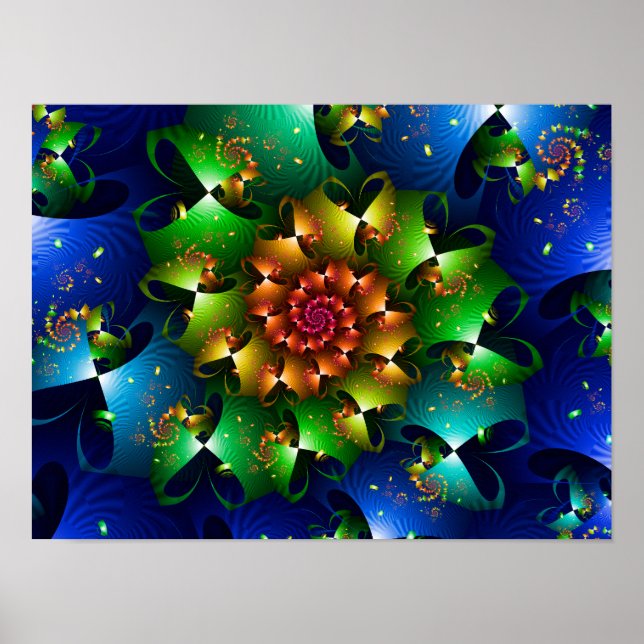 Affiche Fractale Florale Étoilée Bleu Cosmique Lime (Devant)