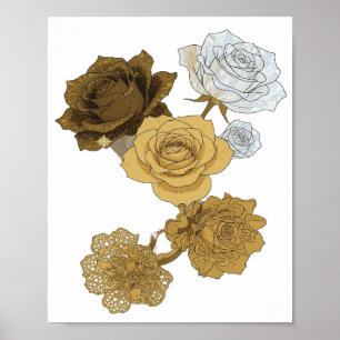 Affiche Frais Gris ROSES DORÉES Art Text 3D