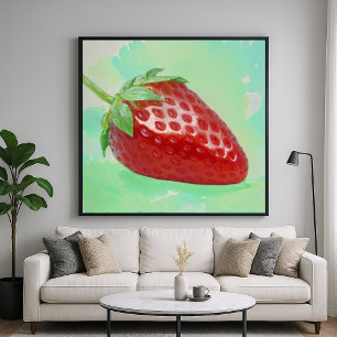 Affiche Fraise avec Feuille - Style Peinture