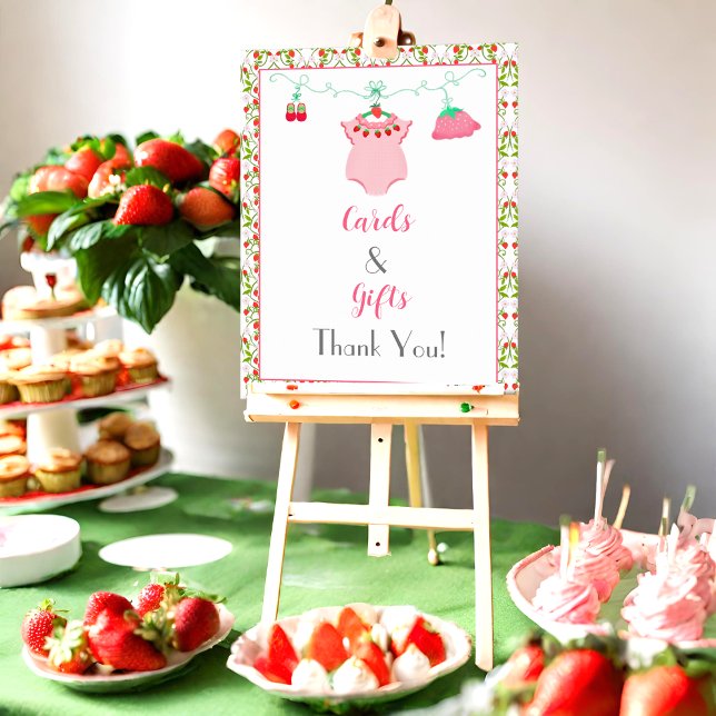 Affiche Fraise Baby Outfit Baby showers Cartes et Cadeaux (Gifts Galore: Strawberry Baby Outfit Shower Poster Presents Perfectly Arranged!)
