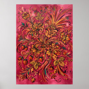 Affiche fraise florale folk rose