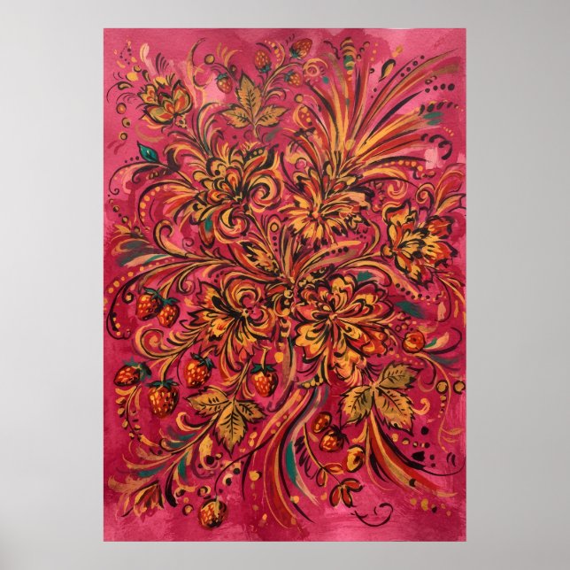 Affiche fraise florale folk rose (Devant)