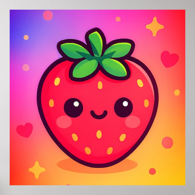 Affiche Fraise Kawaii souriante sur Pastel Gradient Backg (Devant)